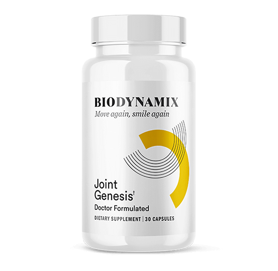 Close-up of Joint Genesis supplement bottle.