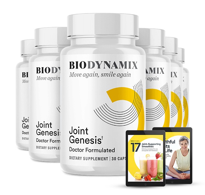 Close-up of Joint Genesis supplement bottle.
