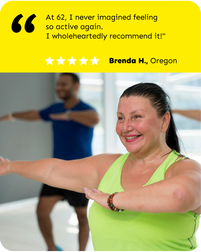 Active woman stretching and smiling indoors.