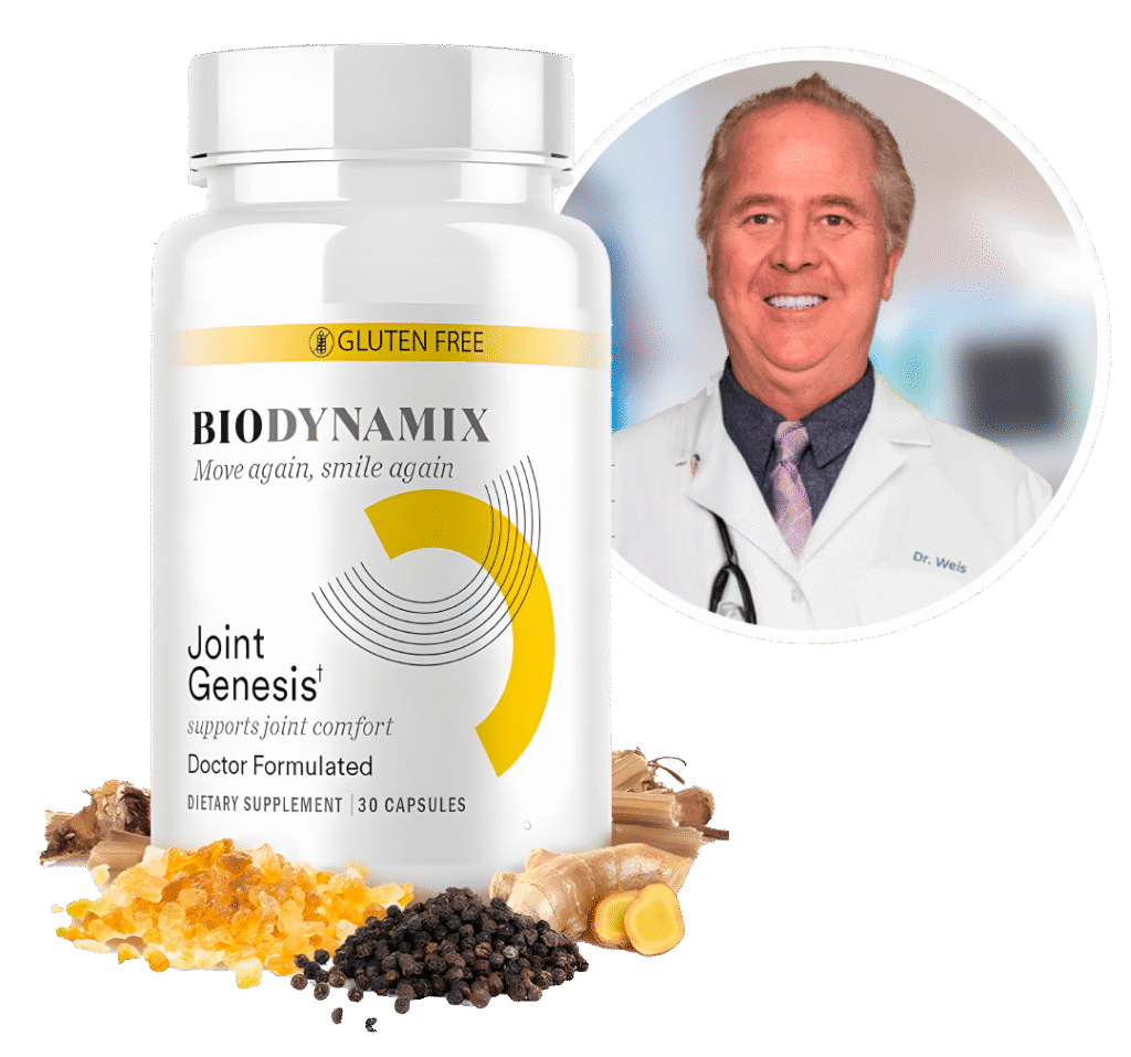 Smiling doctor presenting Joint Genesis bottle.