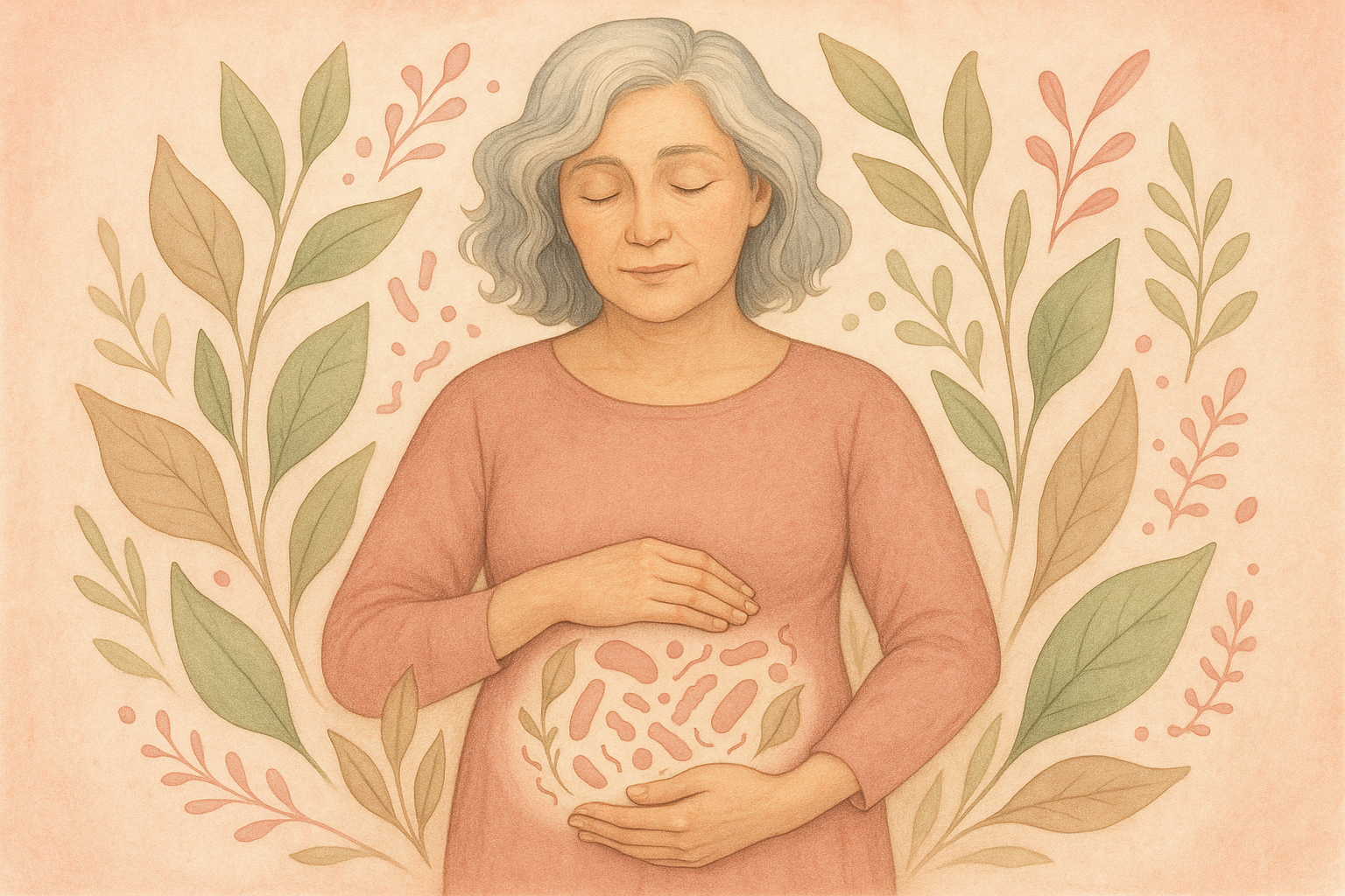 A poetic illustration of a mature woman holding her stomach gently, surrounded by leaves, gut flora shapes, and soft pink tones — symbolic of internal balance and natural care.