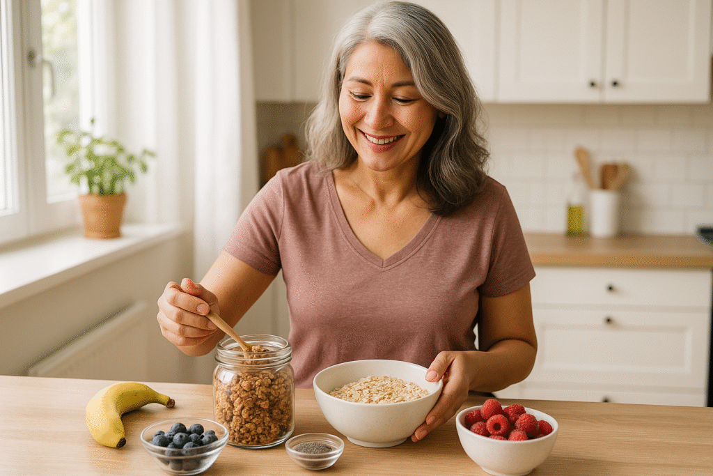 Natural photo of a smiling woman preparing a fiber-rich breakfast in a bright kitchen, highlighting healthy living during menopause.