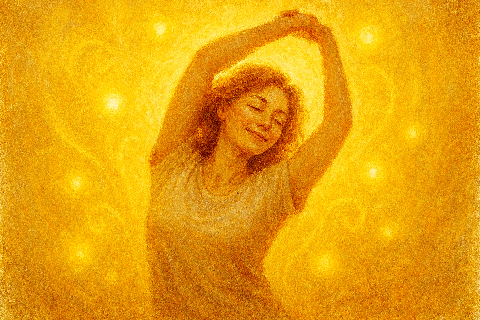 Artistic illustration of a woman surrounded by soft energy symbols (like glowing orbs or sunlight), gently stretching in the morning — expressing restored vitality.