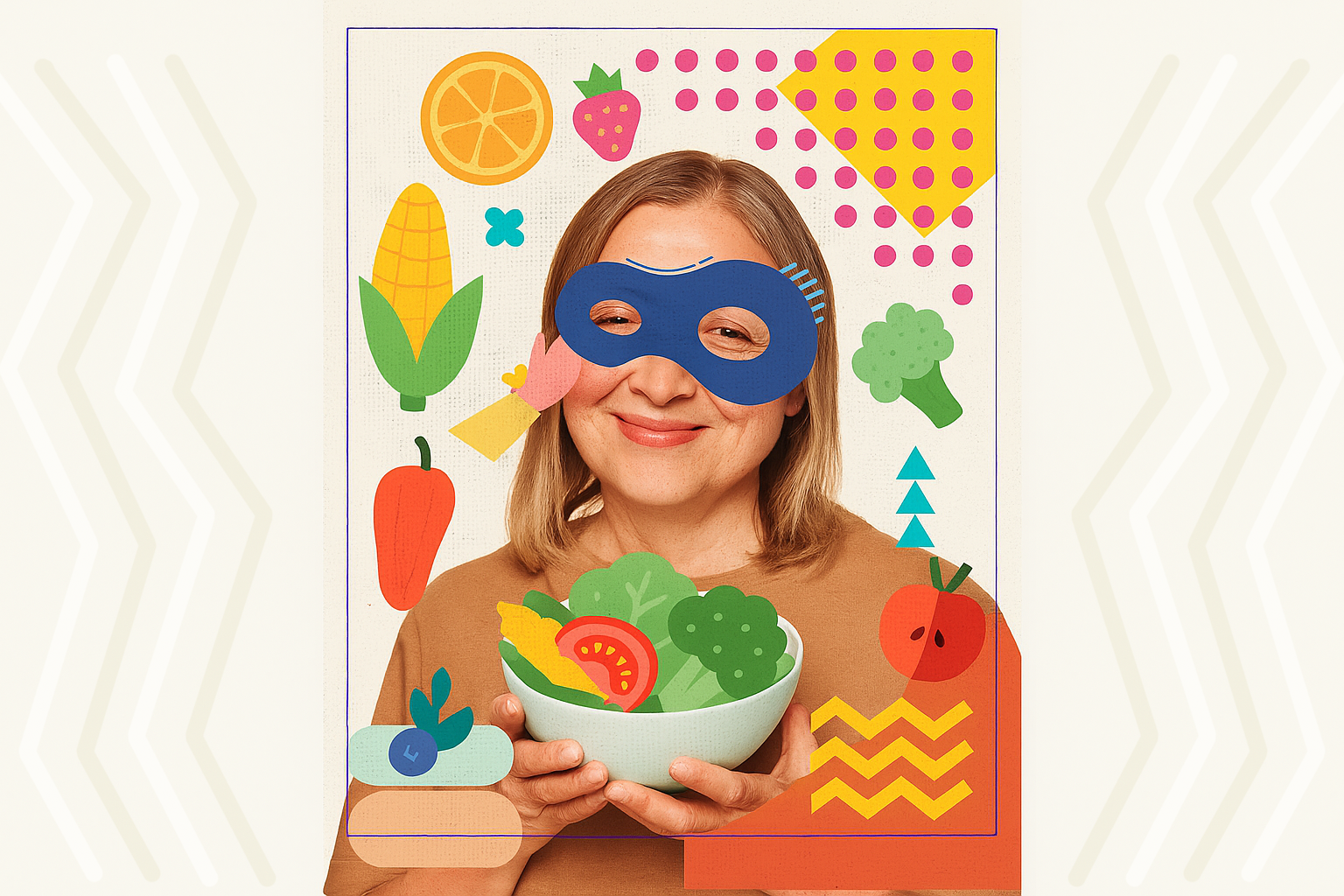 Soft illustration of a woman surrounded by colorful vegetables and fruits, gently smiling with a bowl in hand — symbolizing nourishment and inner harmony.