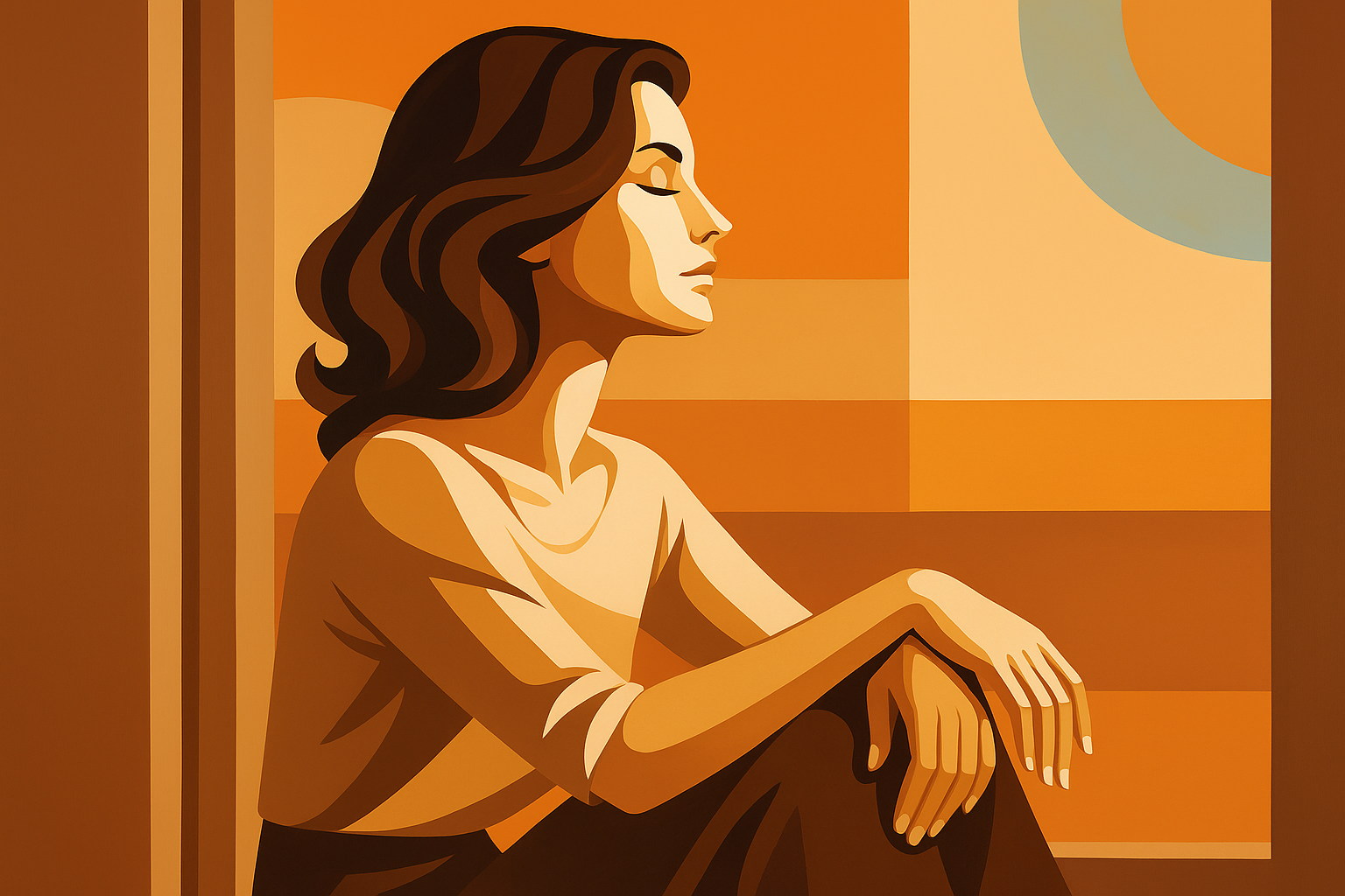 Artistic illustration of a woman sitting on the edge of her bed at sunrise, gently holding her knees as soft light enters through the window — evoking sensitivity and self-awareness.