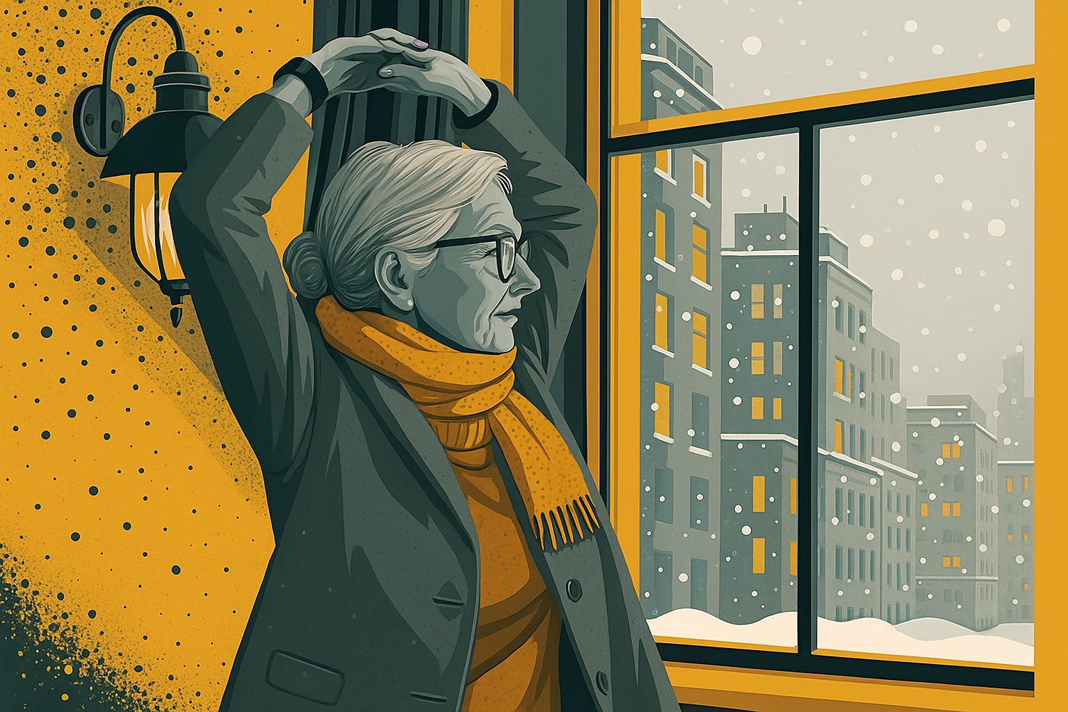 Soft illustration of a woman wrapped in a blanket by the window, hands resting on her knees — expressing stillness, winter reflection, and quiet discomfort.