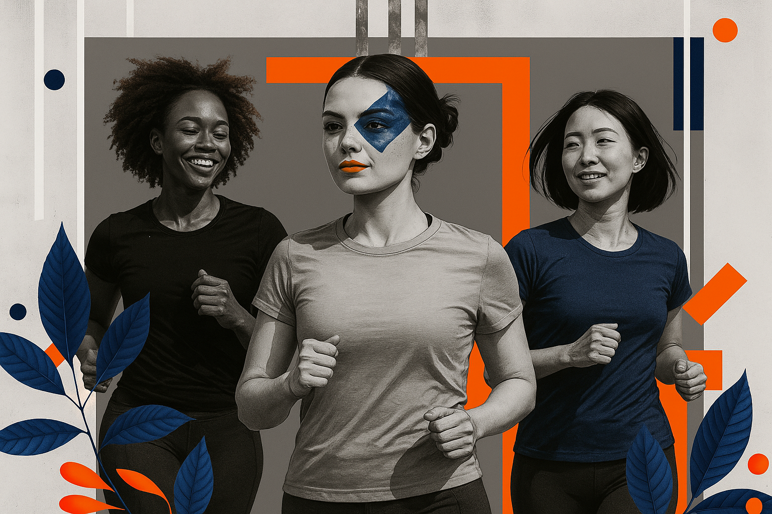Three women of diverse backgrounds (Black, white, Asian) walking together on an urban trail — each at her own pace, with a mood of ease and self-trust.