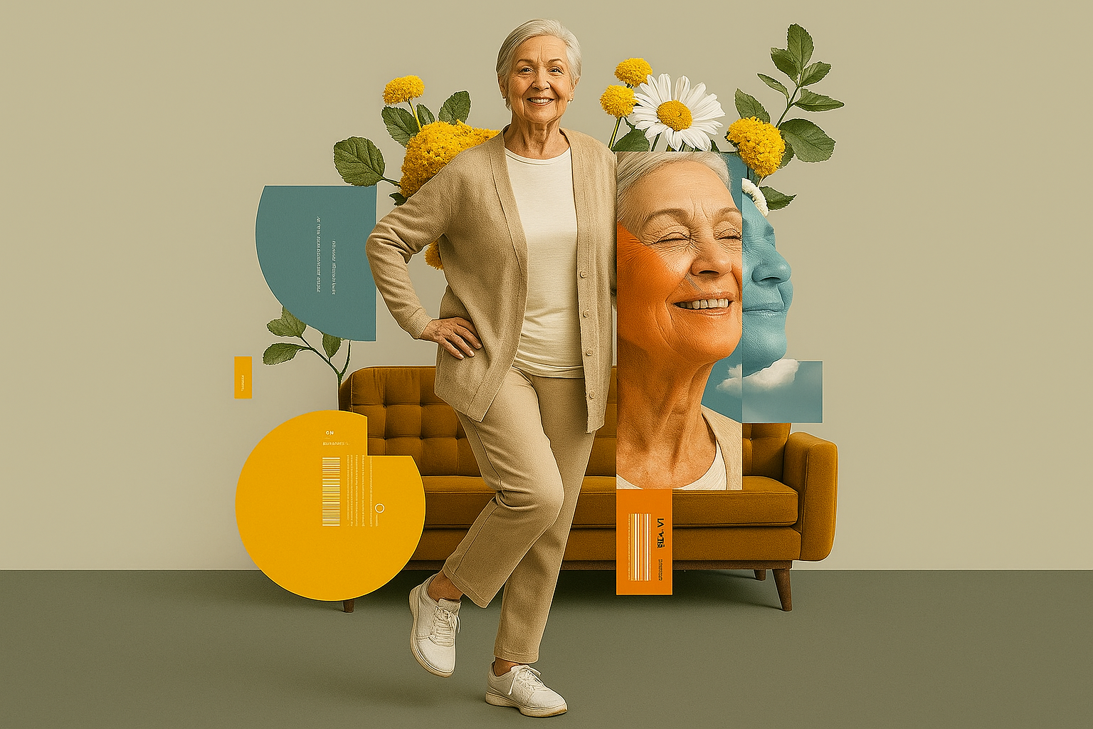 Middle-aged woman on a couch, leaning slightly forward with a steady look, preparing to rise — symbolizing small moments of reclaiming power.