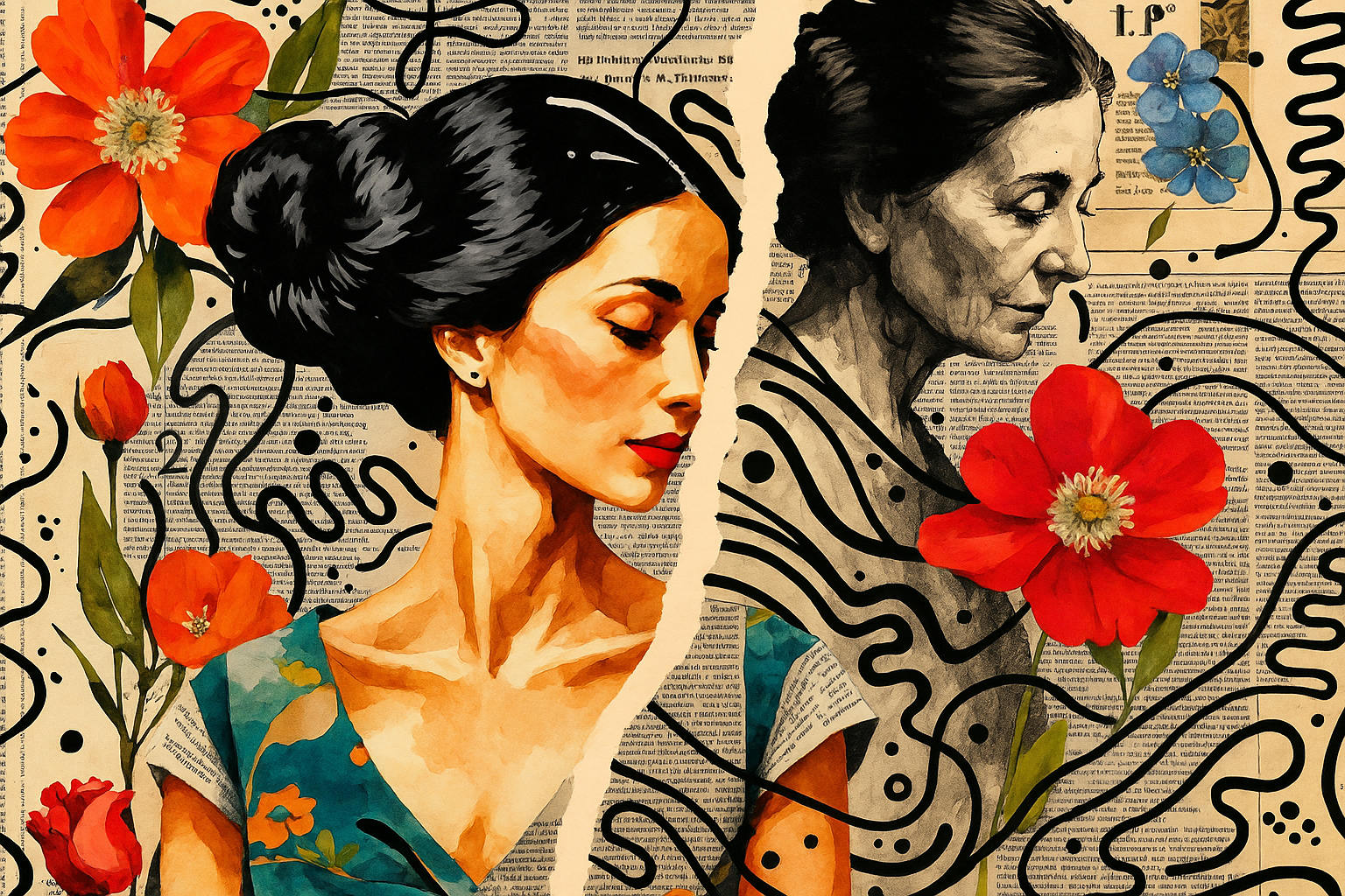 Collage of two women — one youthful and confident, the other older and reflective — surrounded by red flowers and abstract lines, symbolizing the contrast between vitality and aging."