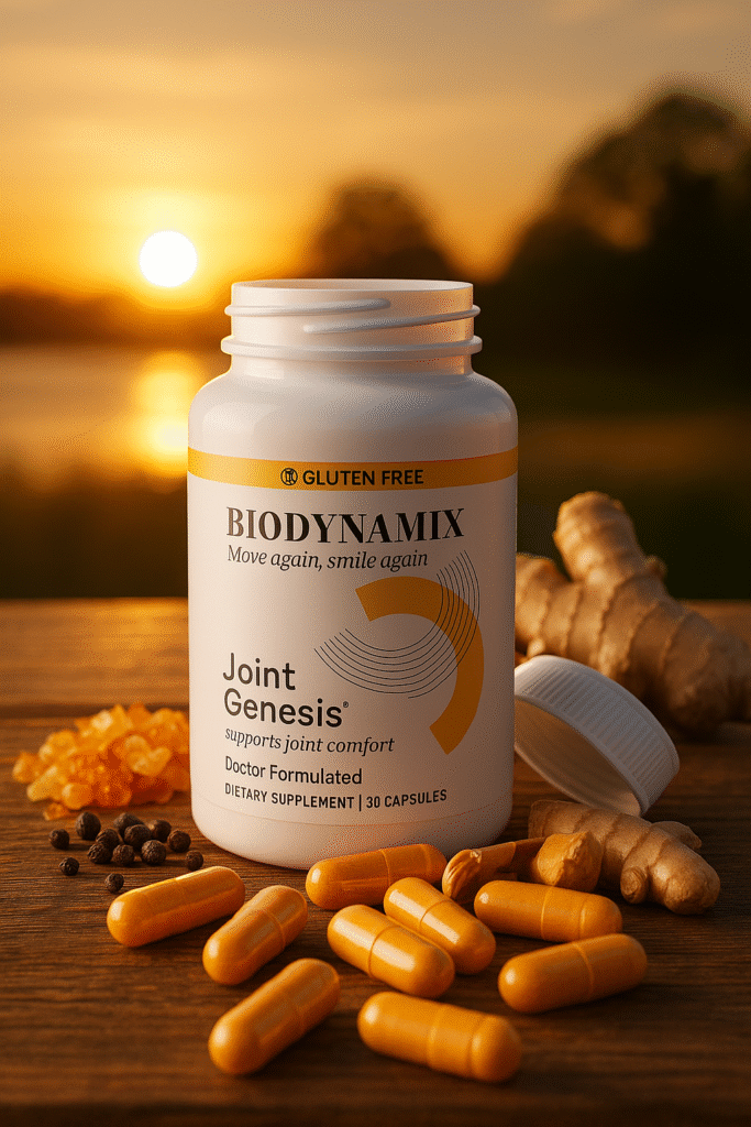 Frasco do suplemento Biodynamix Joint Genesis ao pôr do sol, com cápsulas laranjas e ingredientes naturais ao redor sobre mesa de madeira.