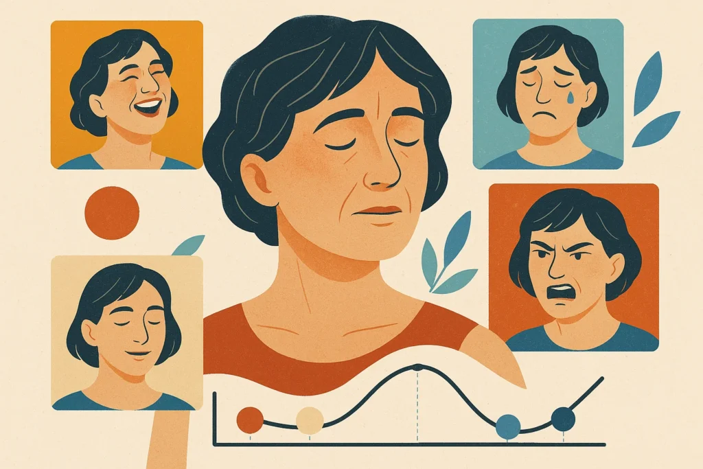 Imagem Blog Menopausa : Illustration of a woman in menopause embracing seasonal change