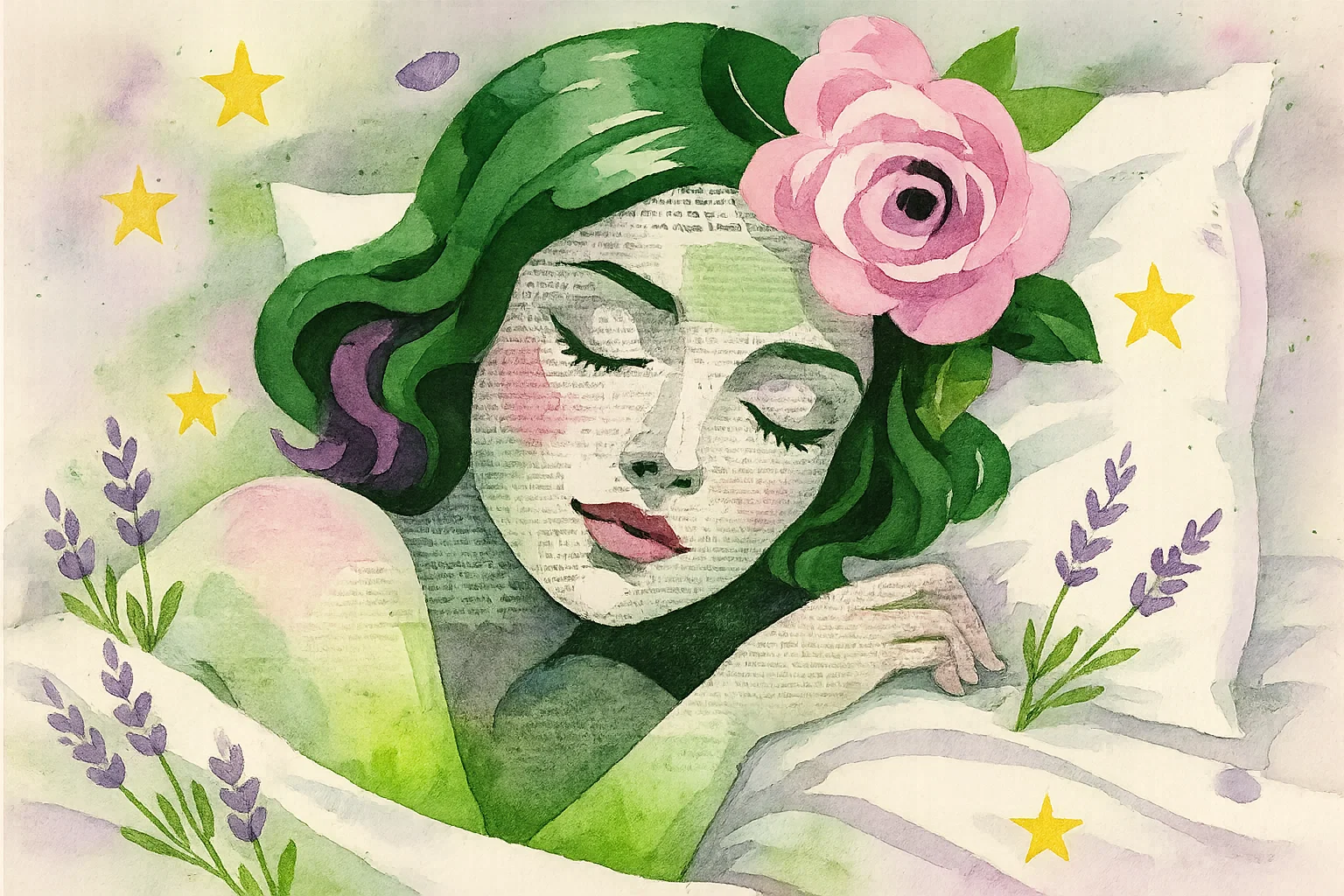 Peaceful illustration of a woman resting calmly in bed, surrounded by soft stars and lavender flowers — evoking serenity and hormonal calm.