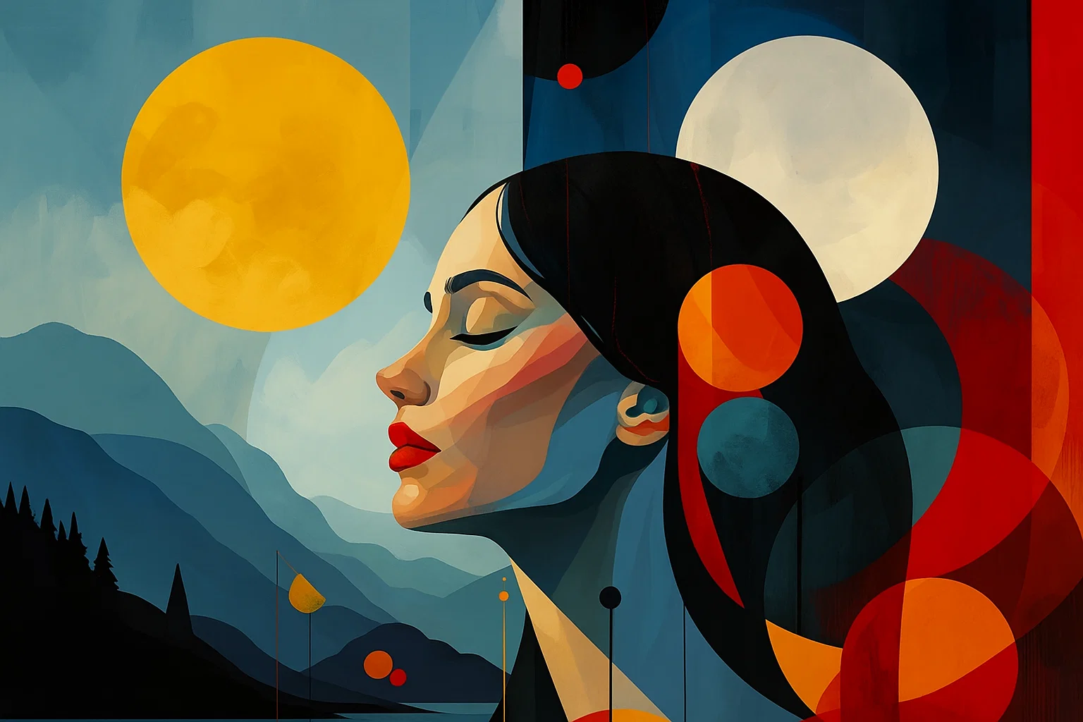 Symbolic illustration of a woman standing between two moons — one golden, one pale — reflecting hormonal duality and balance.